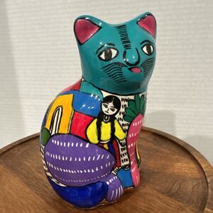 Vintage Mexican Folk Art Ceramic Cat Figurine Patchwork Style Hand Painted